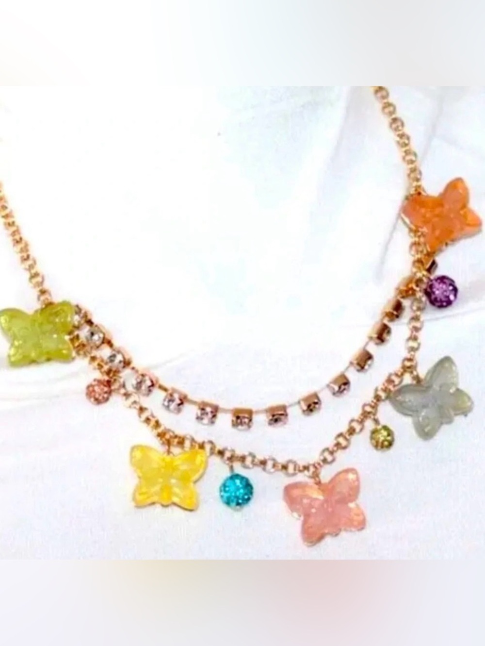 BETSEY JOHNSON Gummy Butterfly Fireballs & Crystals Two-Chain Necklace NEW NWT
